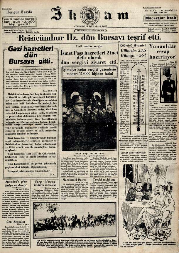 Press coverage of the Bursa visit and the reforms, 21 August 1929.